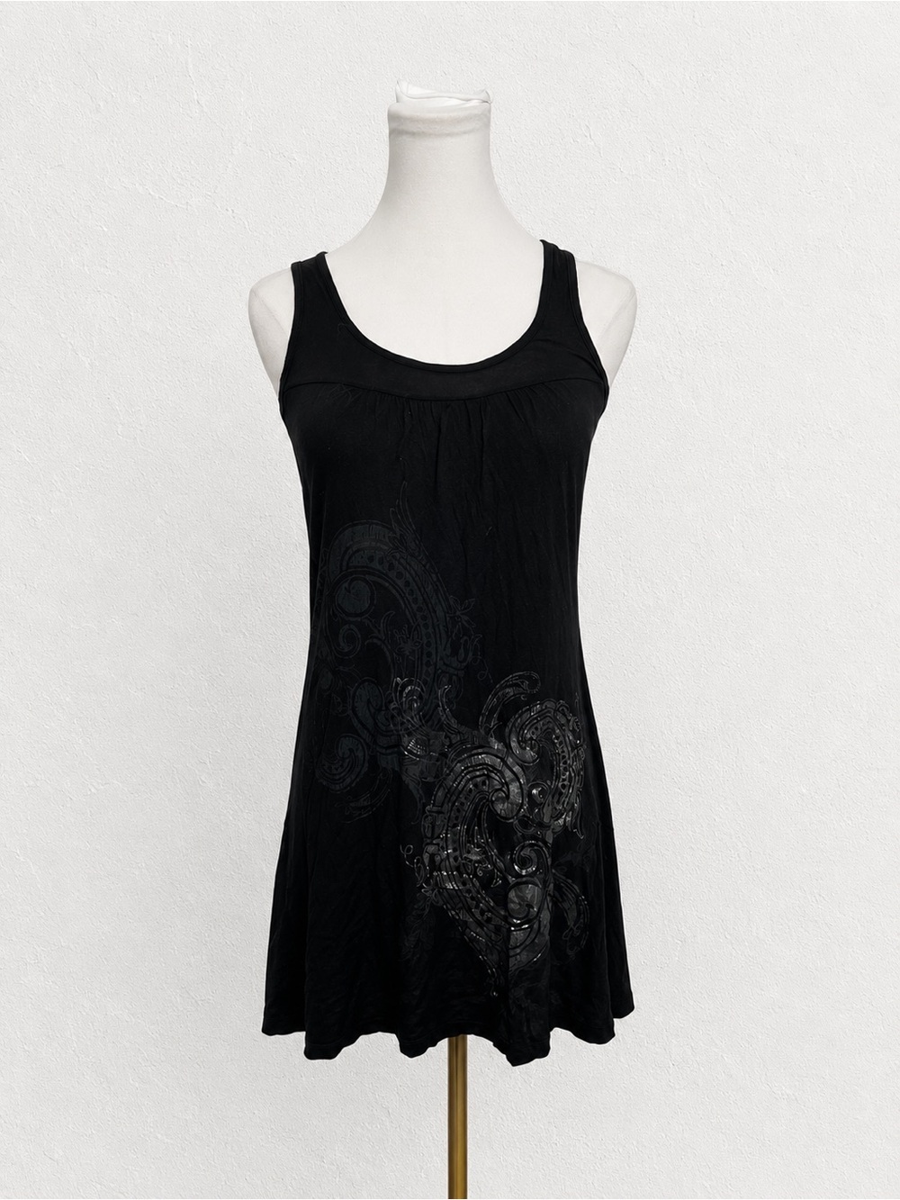 Vintage Black Paisley Tank Dress | Y2K Boho Mini Slip Tunic S/M